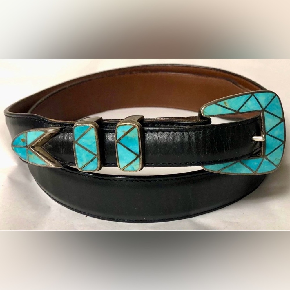 DOUGLAS MAGNUS HEARTLINE 1992 STERLING SILVER & TURQUOISE BUCKLE SET - Picture 2 of 4